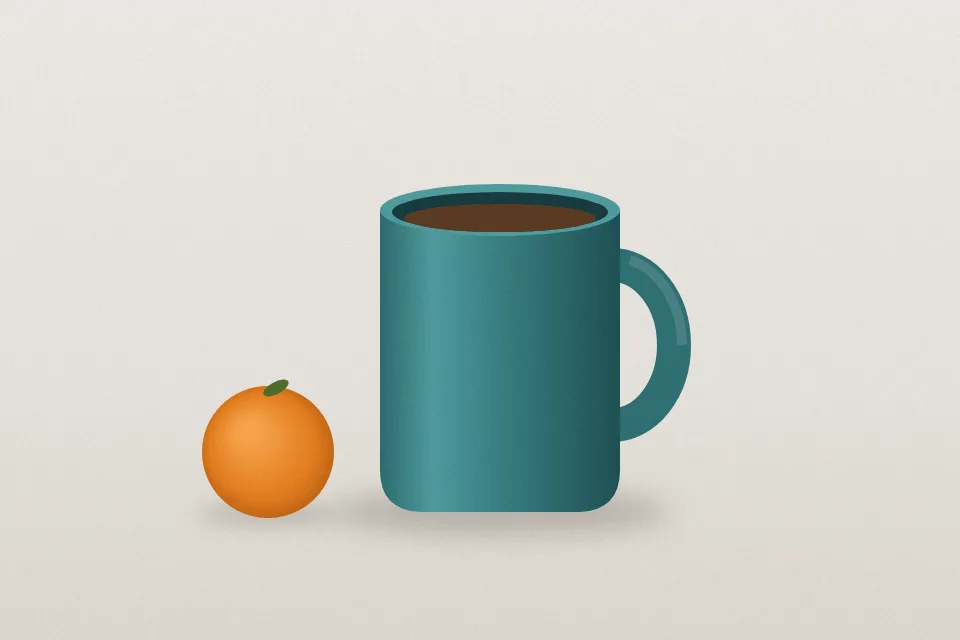 Example scene before: a teal mug and an orange on a plain light-grey backdrop